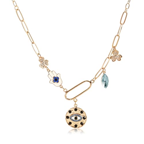 ORIGENCE Sun Heart Necklace for Women 18K Gold Plated Heart Pendant Necklace Chunky Chain Choker Necklaces Hip Hop Charm Necklaces Trendy Unisex Jewelry - style: 5Charm-Gold