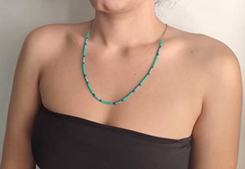 Beaded Choker Necklace for women and Teen Girls, Boho Bohemian Adjustable Colorful Seed Beads Necklace, Handmade Native American Style Jewelry by TRIBES - color: Turquoise-Green, style: Single Necklace