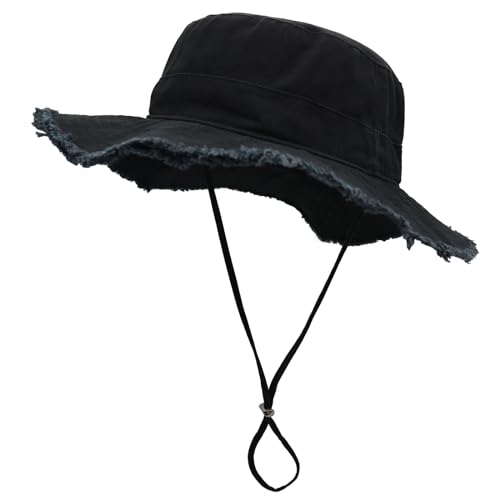 LLmoway Womens UPF50+ Cotton Wide Brim Sun Hat with Strap Ladies Summer Floppy Hats Packable Women Washed Fringes Bucket Hat - color: Black