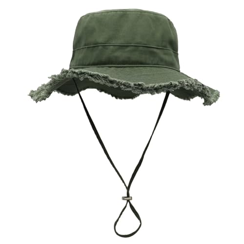 LLmoway Womens UPF50+ Cotton Wide Brim Sun Hat with Strap Ladies Summer Floppy Hats Packable Women Washed Fringes Bucket Hat - color: Olive Green