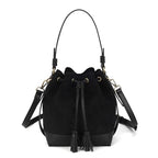 AFKOMST Faux Suede Bucket Bags and Drawstring Crossbody Purse for Women Medium Tote Handbags with 2 Shouder Straps | Fit Pad mini, Long Wallet, Removable Long Strap - color: Black