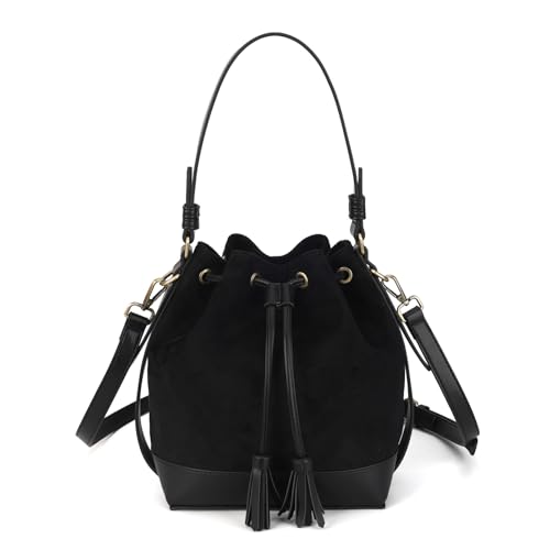 AFKOMST Faux Suede Bucket Bags and Drawstring Crossbody Purse for Women Medium Tote Handbags with 2 Shouder Straps | Fit Pad mini, Long Wallet, Removable Long Strap - color: Black