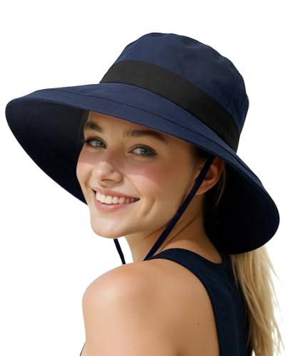 Senker Fashion Sun Hats for Women UV Protection, Waterproof Ponytail Wide Brim Bucket Hat for Summer Beach Gardening Travel - color: Blue