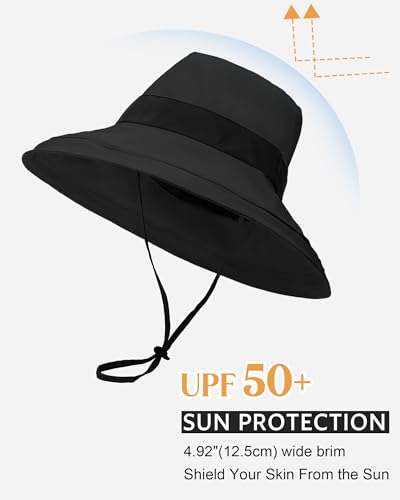 Senker Fashion Sun Hats for Women UV Protection, Waterproof Ponytail Wide Brim Bucket Hat for Summer Beach Gardening Travel - color: Black