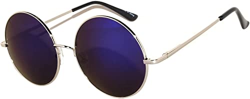 OWL Round Retro Small Circle Tint & Mirror Colored Lens 43-55 mm Sunglasses Metal - color: 56mm Silver / Blue Mirror