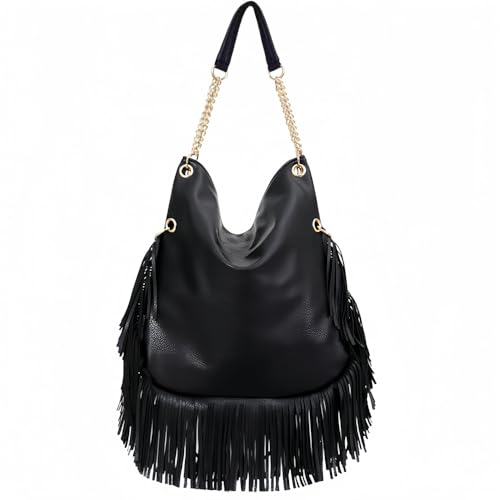 PU Leather Fringe Hobo Bag Large Studded Handbag Crossbody Bag for Women - color: Black