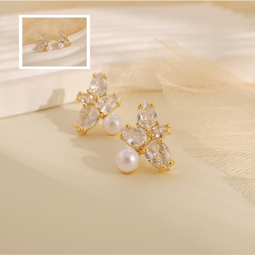 Hayopi Pearl Earrings for Women - Dainty Gold Dangle Drop Earrings, 14k Gold Plated Cute Bow Design, Hypoallergenic Pearl Studs, Wedding Jewelry Gifts - color: GOLD-flower pearl