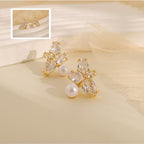 Hayopi Pearl Earrings for Women - Dainty Gold Dangle Drop Earrings, 14k Gold Plated Cute Bow Design, Hypoallergenic Pearl Studs, Wedding Jewelry Gifts - color: GOLD-flower pearl