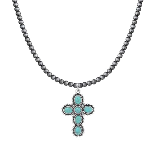 coadipress Navajo Pearl Necklace Western Jewelry for Women Boho Beaded Choker Necklaces Vintage Turquoise Pendant Cowgirl Necklace - style: Cross