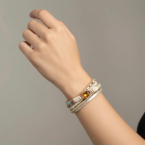 Edoneery Leather Wrap Bracelet for Women, Boho Handmade Multi-Layer Cuff with Crystal Beads Heart, Stackable Bangle Western Jewelry Gift - style: BohoKhaki