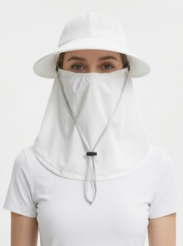 Outdoor Wide Brim Sun Hat Visor for Women, Detachable Face & Neck Cover, Hiking Gardening UPF 50+, Ponytail Friendly - color: White