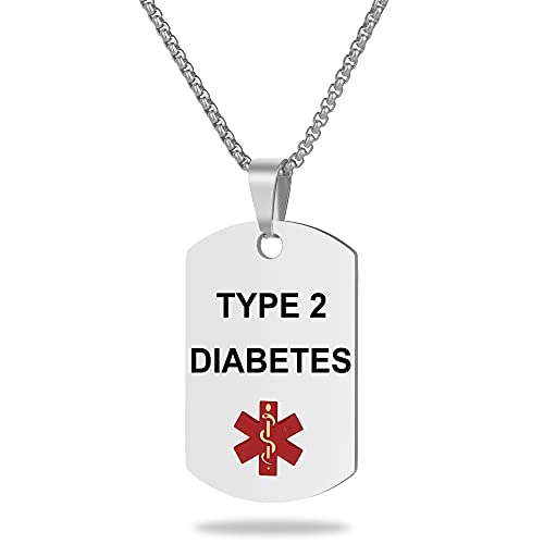 Medical Alert ID Necklace, Laser Engraved TYPE 2 DIABETES, Stainless Steel Tag Pendant with 23.6 inch Chain for Men Women Diabetic Emergency First Aid - color: Silver, size: TYPE 2 DIABETES
