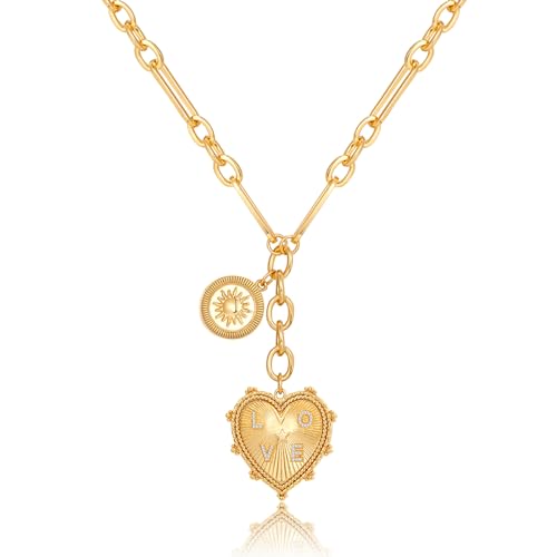 ORIGENCE Sun Heart Necklace for Women 18K Gold Plated Heart Pendant Necklace Chunky Chain Choker Necklaces Hip Hop Charm Necklaces Trendy Unisex Jewelry - style: 2Charm-Gold N