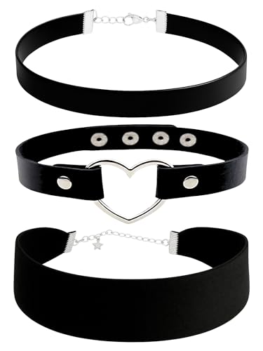 3-Pack Chokers — Velvet (1.5") + Leather (0.6") + Heart Pendant, Adjustable 12–18", Stainless Steel Hardware, 90s/Goth Layering Set — Black | Red | Green | White - color: Black