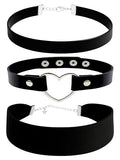 3-Pack Chokers — Velvet (1.5") + Leather (0.6") + Heart Pendant, Adjustable 12–18", Stainless Steel Hardware, 90s/Goth Layering Set — Black | Red | Green | White - color: Black