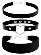 3-Pack Chokers — Velvet (1.5") + Leather (0.6") + Heart Pendant, Adjustable 12–18", Stainless Steel Hardware, 90s/Goth Layering Set — Black | Red | Green | White - color: Black