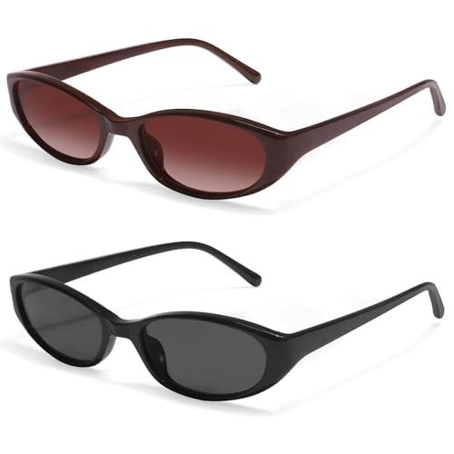 GUVIVI Retro Oval Sunglasses for Women 2026 90s Small Chic Cat Eye Sun Glasses Sunnies Lightweight Shades - color: 2 Pack Redwine + Black
