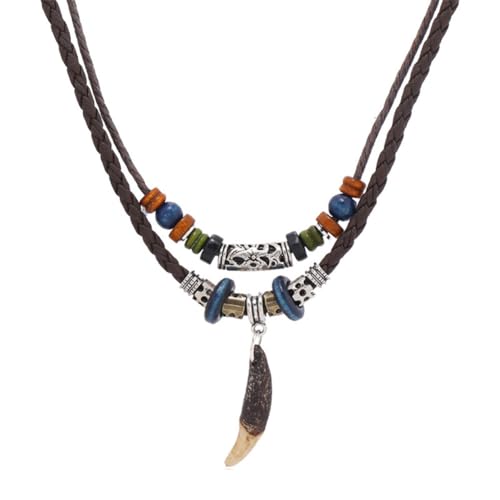 Leather Necklace with Stainless Steel Pendant for Men Women, Vintage Hemp Rope Tribal Choker Necklaces Adjustable 18-30 inch, Clasp-Free Long Necklace - color: Boho Teeth Pendant