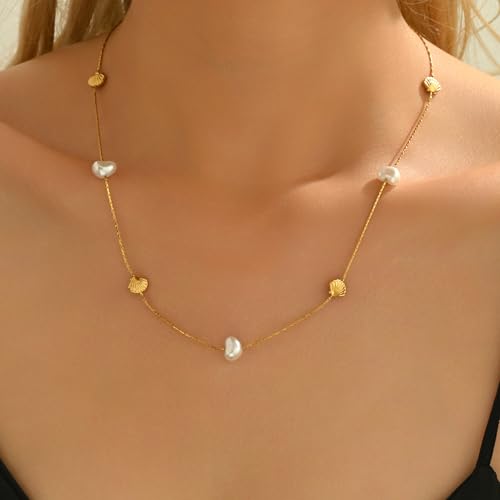 18K Gold Plated Choker Necklace for Women, Dainty Heart, Star, Moon, Cross, Daisy, Shell, Coin, Coffee Bean Link Chain Necklaces, Boho Summer Beach Jewelry - style: Shell&Pearl-Gold