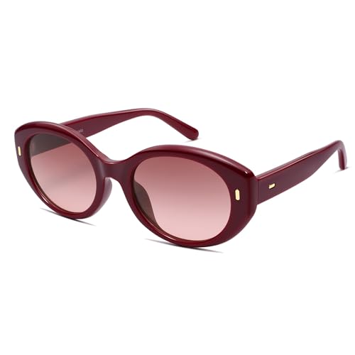 SOJOS Trendy Oval Polarized Sunglasses for Women Classic Round Retro UV Protection Shade SJ2675 - color: Dark Red Frame Red Grading Lens