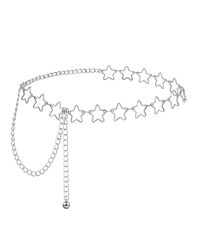 AWAYTR Cute Chain Belts for Women - Metal Waist Chain Belt for Dresses Jeans Country Concert Outfit - color: Silver-star