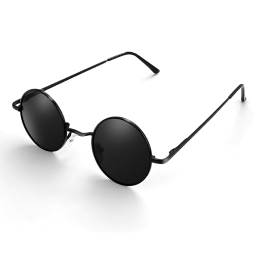 Morcheiong Polarized Hippie Sunglasses Retro Round Glasses for Women Men Vintage Circle Sunglasses UV400 - color: Black Frame Black Film