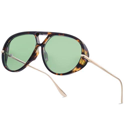 Trendy Retro Aviator Sunglasses with Side Shields for Women Men Oversized Plastic Round Large Vintage Shades - color: Tortoise Shell Frame, Green Lenses