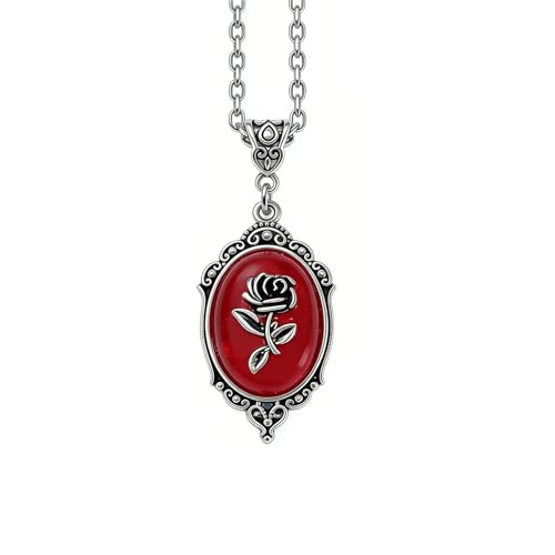Gothic Vintage Gem Pendant Necklace | Victorian Style Filigree Silver-Tone Jewelry | Ideal Gift for Party Cosplay & Daily Wear - color: Red Rose