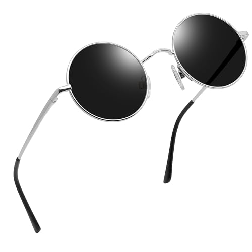 Joopin Retro Small Round Sunglasses Hippie Circle Sun Glasses Polarized UV400 Protection Metal Shades for Men Women - color: A02-silver Frame Black Lens