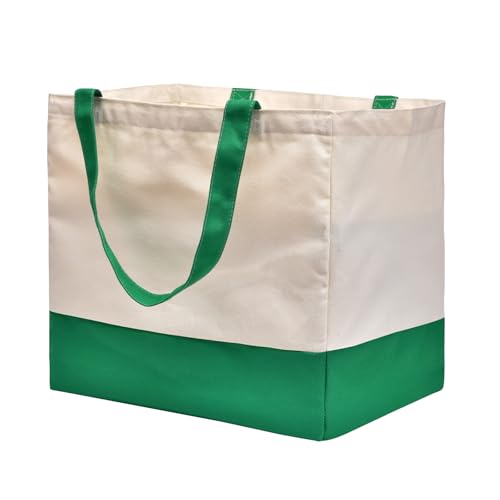 Reusable Grocery Bags Heavy Duty, 8.3 gal Foldable Large Canvas Tote Bag with Handles, Holds 60 lbs Canvas Shopping Bags - color: [A1] Off White / Green, size: 1 Pack