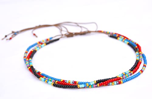 Beaded Choker Necklace for women and Teen Girls, Boho Bohemian Adjustable Colorful Seed Beads Necklace, Handmade Native American Style Jewelry by TRIBES - color: Blue Multicolor, style: Single Necklace