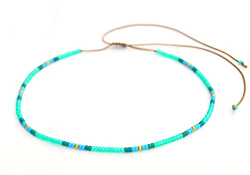 Beaded Choker Necklace for women and Teen Girls, Boho Bohemian Adjustable Colorful Seed Beads Necklace, Handmade Native American Style Jewelry by TRIBES - color: Turquoise-Green, style: Single Necklace