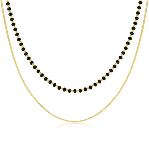 KissYan Beaded Choker Necklace for Women, Colorful Natural Gemstones Pearl Choker 14K Gold Plated Pendant Healing Crystal Necklace Handmade Stone Jewelry Gift - color: O-Black Agate