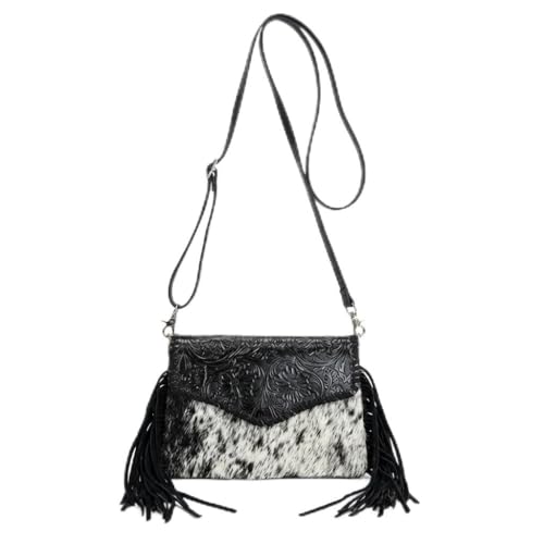 Genuine Cowhide Crossbody Purse - Tooled Leather Fringe Bag for Women - Western Shoulder Handbag Rodeo Style - color: Black