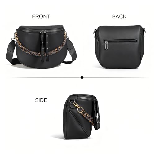 Crossbody Bags for Women, Large Vegan Leather Trendy Bum Bag - color: Black+amber Chain