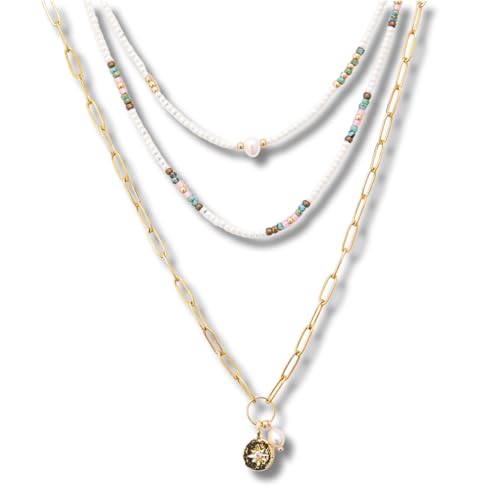 Beaded Choker Necklace for women and Teen Girls, Boho Bohemian Adjustable Colorful Seed Beads Necklace, Handmade Native American Style Jewelry by TRIBES - color: Pearl, Turquoise, Pink, style: Set of 3 Necklaces