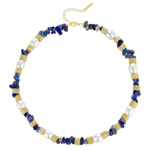 KissYan Beaded Choker Necklace for Women, Colorful Natural Gemstones Pearl Choker 14K Gold Plated Pendant Healing Crystal Necklace Handmade Stone Jewelry Gift - color: S-Lazurite