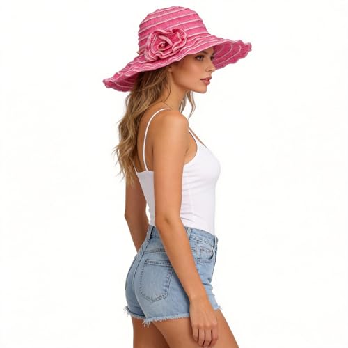FORBUSITE Women Folding Vintage Outdoor Sun Hats for Beach Garden Travelling UV Protection - color: Gs013-rose