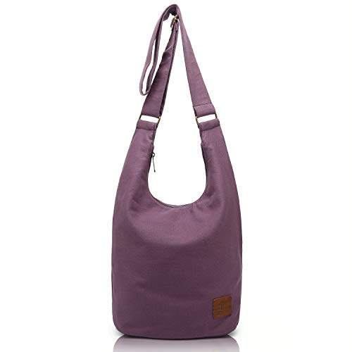 Coton Pose Women Hippie Crossbody Bag - Top Zip Large Capacity Canvas Sling Bag - Jacquard Cloth Handmade - color: Purple