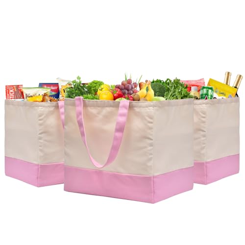3 Pack Canvas Reusable Grocery Bags Heavy Duty, 8.3 gal Foldable Large Tote Bag with Handles, Holds 60 lbs Canvas Shopping Bags & Washable Eco-friendly Bags with 5 Pockets, Pink+Off white - color: [A1] Off White / Pink, size: 3 Pack
