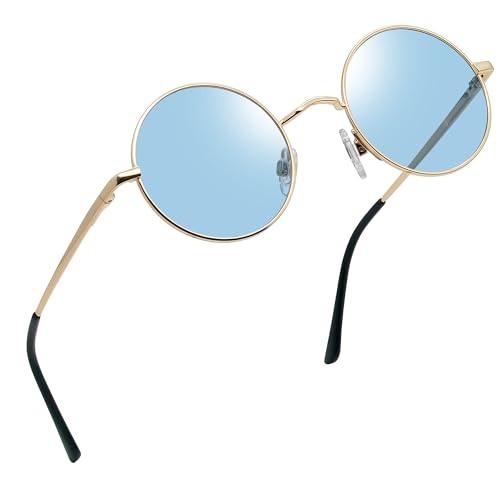 Joopin Retro Small Round Sunglasses Hippie Circle Sun Glasses Polarized UV400 Protection Metal Shades for Men Women - color: A04-golden Frame Tint Blue Lens