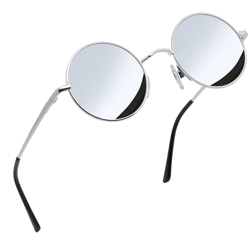 Joopin Retro Small Round Sunglasses Hippie Circle Sun Glasses Polarized UV400 Protection Metal Shades for Men Women - color: A09-silver Frame Mirrored