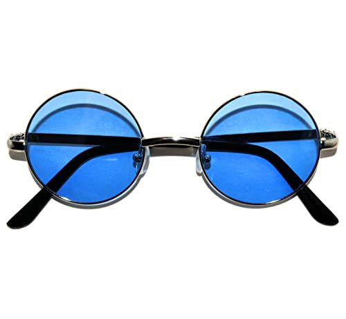 OWL Round Retro Small Circle Tint & Mirror Colored Lens 43-55 mm Sunglasses Metal - color: 43mm Silver / Blue