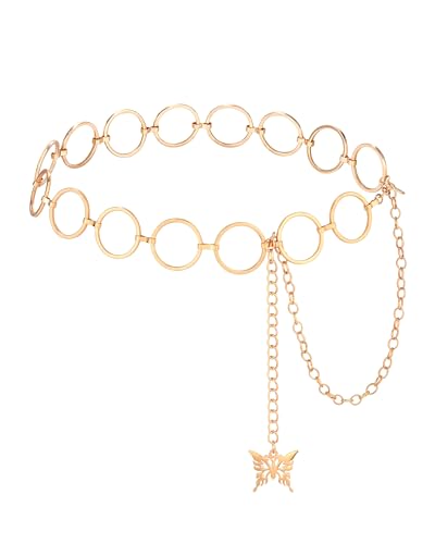 AWAYTR Cute Chain Belts for Women - Metal Waist Chain Belt for Dresses Jeans Country Concert Outfit - color: Gold-circle