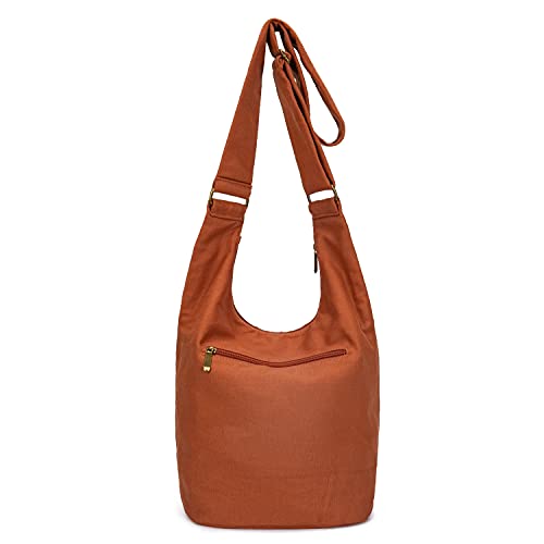 Coton Pose Women Hippie Crossbody Bag - Top Zip Large Capacity Canvas Sling Bag - Jacquard Cloth Handmade - color: Orange