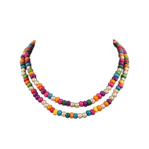 COLORFUL BLING Layered Boho Wood Beaded Choker Necklace Vintage Natural Wooden Bead Collar Necklace for Women Handmade Tribal Bohemian Jewelry - color: Colorful