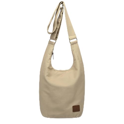 Coton Pose Women Hippie Crossbody Bag - Top Zip Large Capacity Canvas Sling Bag - Jacquard Cloth Handmade - color: Tan Beige