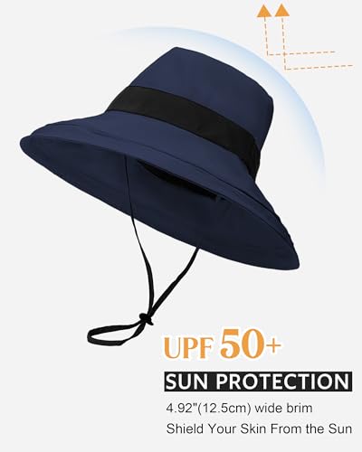 Senker Fashion Sun Hats for Women UV Protection, Waterproof Ponytail Wide Brim Bucket Hat for Summer Beach Gardening Travel - color: Blue