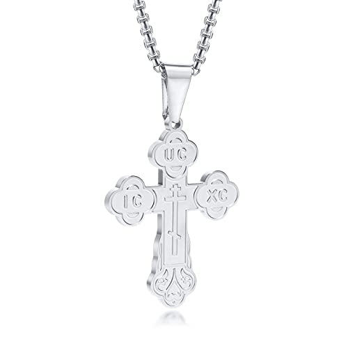 Men's Orthodox Cross Pendant Necklace - Trendy Religious Cross Chain,Hypoallergenic Waterproof Stainless Steel Christian Long Necklaces,Non Tarnish Byzantine Cross Symbol Pendants Necklace for Him - color: Silver-new