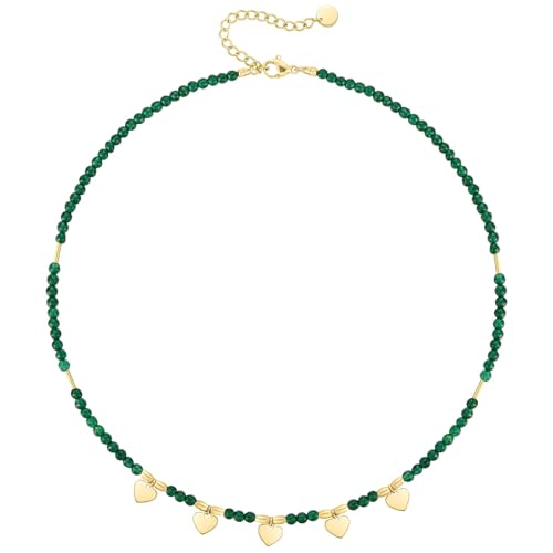 KissYan Beaded Choker Necklace for Women, Colorful Natural Gemstones Pearl Choker 14K Gold Plated Pendant Healing Crystal Necklace Handmade Stone Jewelry Gift - color: F-Green Agate